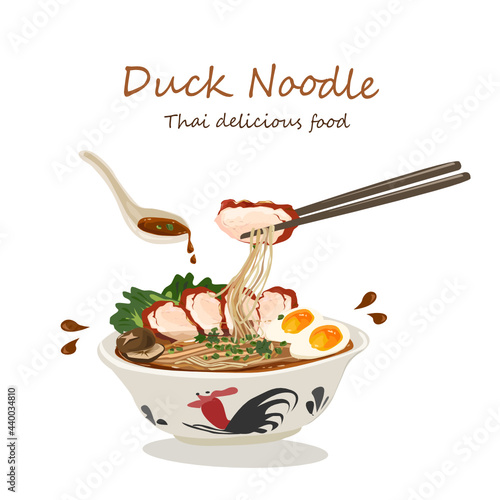 Duck noodle soup vector isolated on white background. Thai delicious food.