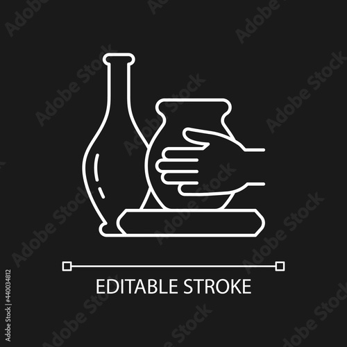 Handmade pottery white linear icon for dark theme. Ceramic vessel creation. Making pottery on wheel. Thin line customizable illustration. Isolated vector contour symbol for night mode. Editable stroke