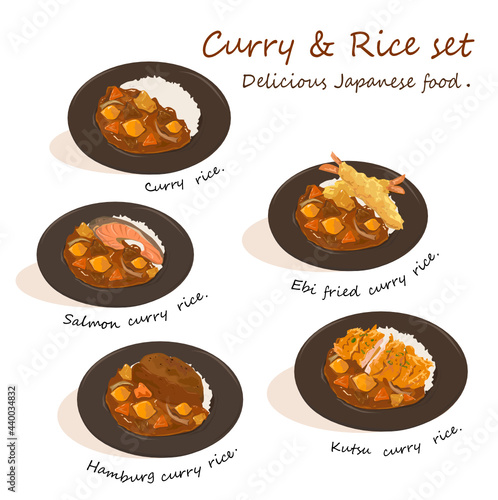 Curry and rice set vector on white background. Salmon, Shrimp fried, Hamburg steak, and Kutsu toppings.