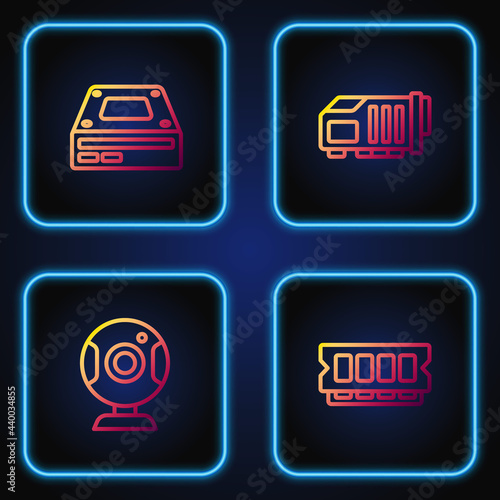 Set line RAM, random access memory, Web camera, Optical disc drive and Video graphic card. Gradient color icons. Vector