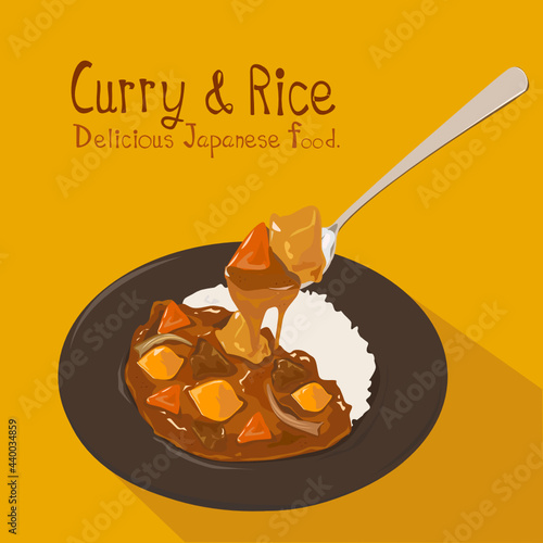 Japanese curry rice with meat, carrot, and potato close-up in spoon on the plate and yellow background. Vector illustration.