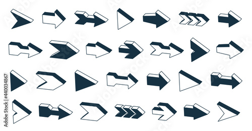 3D vector arrows big set, single color monochrome simple symbols icons or logos, perfect graphic design elements cursors collection.