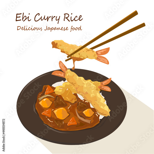 Ebi Fried Curry Rice, Deep Fried Prawn with Japanese Curry style on rice isolated vector eps on white background.