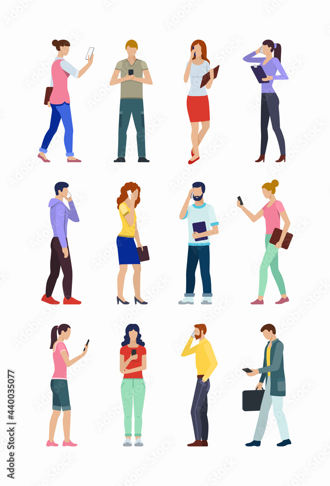 Set of people using smartphones. Group of young men and women using phones for call, texting, talking, chatting, selfie, business purposes. Collection of flat male and female characters with phones.