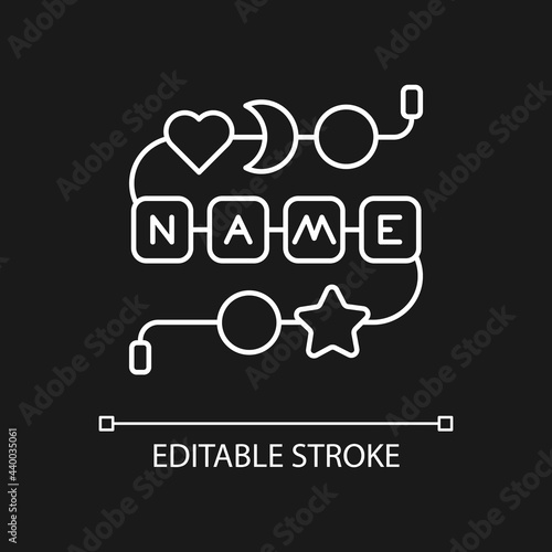 Personalised silicone teether chain white linear icon for dark theme. Practical keepsake for infant. Thin line customizable illustration. Isolated vector contour symbol for night mode. Editable stroke