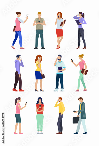 Set of people using smartphones. Group of young men and women using phones for call, texting, talking, chatting, selfie, business purposes. Collection of flat male and female characters with phones.