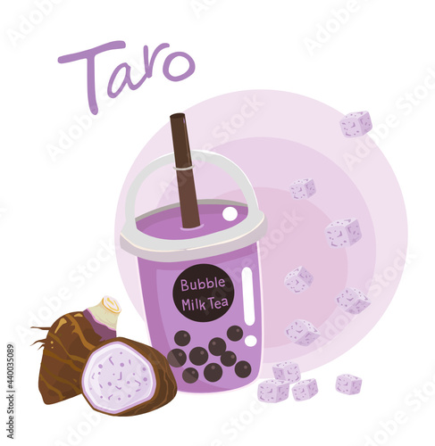 Taro bubble milk tea or milk cocktail. Glass of drink with a tubule. Illustration of bubble tea or milkshake on white background.