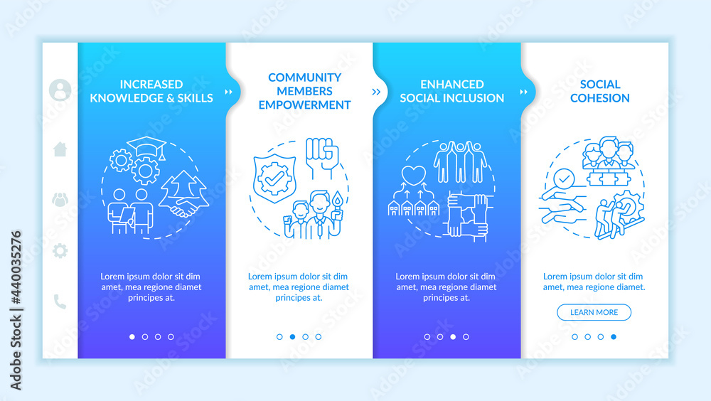 Social unit development advantages onboarding vector template. Responsive mobile website with icons. Web page walkthrough 4 step screens. Social cohesion color concept with linear illustrations