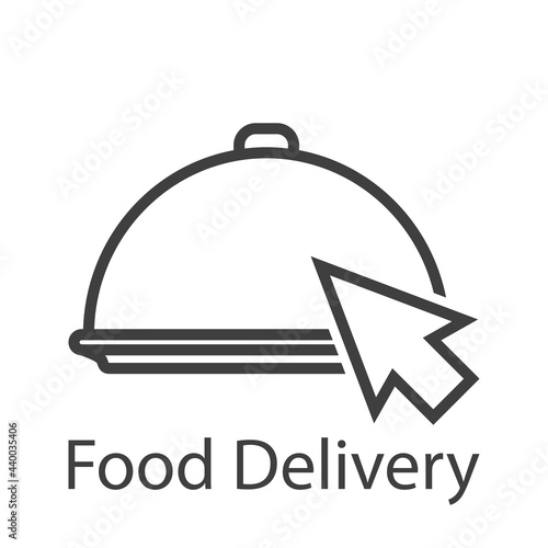 Logotipo con texto Food Delivery con bandeja de comida con tapadera con flecha de mouse con lineas en color gris