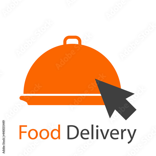 Logotipo con texto Food Delivery con bandeja de comida con tapadera con flecha de mouse en color gris y naranja