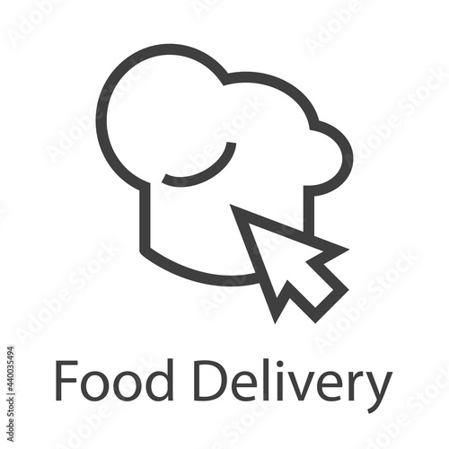 Logotipo con texto Food Delivery con sombrero de cocinero con flecha de mouse con lineas en color gris