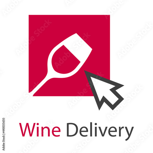 Logotipo con texto Wine Delivery con copa de vino en cuadrado con flecha de mouse en color gris y granate