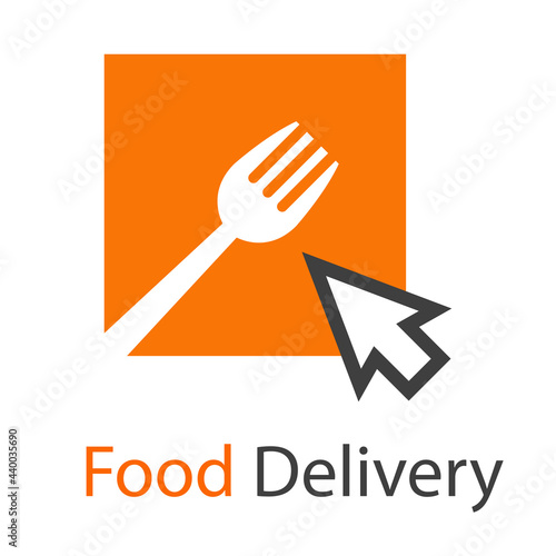 Logotipo con texto Food Delivery con tenedor en cuadrado con flecha de mouse en color gris y naranja