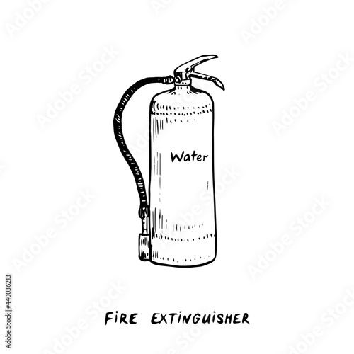 Water fire extinguisher type, ink drawing illustration isolated on white wih handdwritten inscription