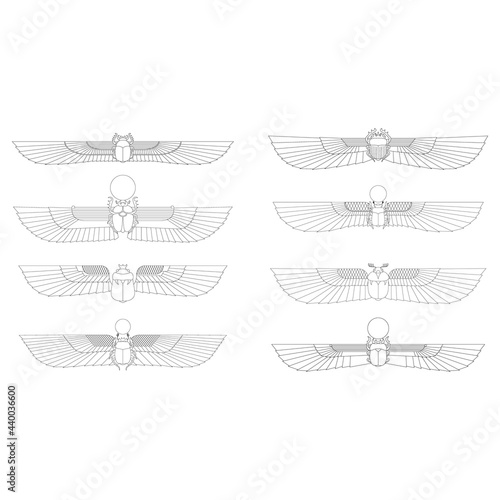 vector monochrome icon set with ancient egyptian symbol Scarab Winged sun for your project