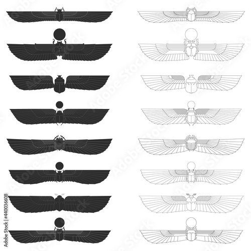 vector monochrome icon set with ancient egyptian symbol Scarab Winged sun for your project