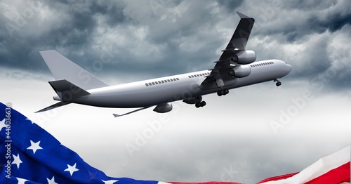 Composition of airplane flying against american flag and sky