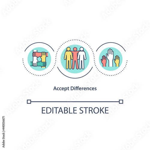 Accept differences concept icon. Supporting people with another skin color. Unique society abstract idea thin line illustration. Vector isolated outline color drawing. Editable stroke