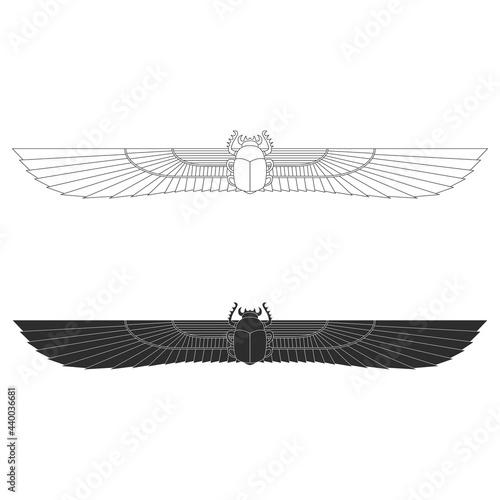 vector monochrome icon set with ancient egyptian symbol Scarab Winged sun for your project