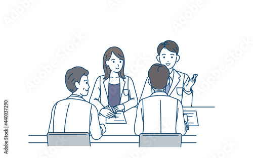 ミーティングをする医者　科学者　会議　白衣を着た男女　イラスト素材