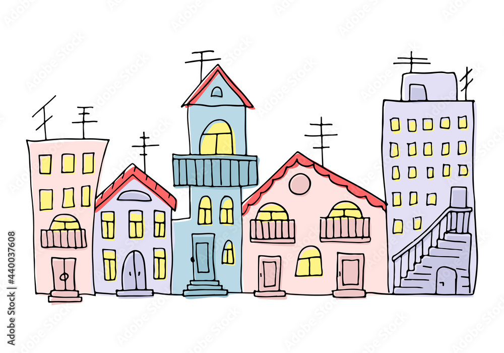 Vector illustration of a town view with colorful blocks of flats. Doodle drawn houses for banner, poster, advertisement, real estate agency, catalog, design studio brochure. Pastel light colors
