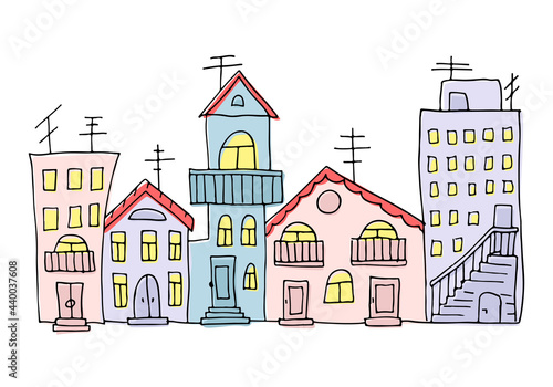 Vector illustration of a town view with colorful blocks of flats. Doodle drawn houses for banner, poster, advertisement, real estate agency, catalog, design studio brochure. Pastel light colors
