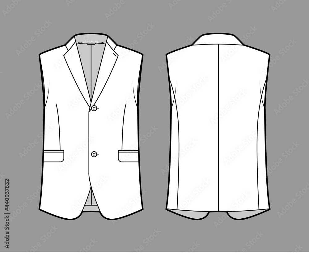 Sleeveless jacket lapelled vest waistcoat technical fashion illustration  with single breasted, button-up closure, pockets. Flat template front,  back, white color style. Women men unisex top CAD mockup Stock Vector