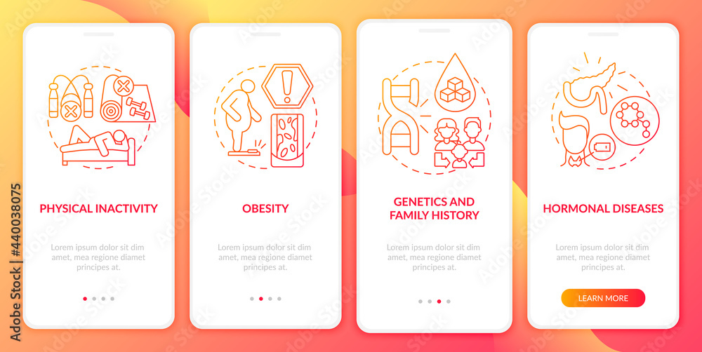 Diabetes causes onboarding mobile app page screen. Genetics and family history walkthrough 4 steps graphic instructions with concepts. UI, UX, GUI vector template with linear color illustrations