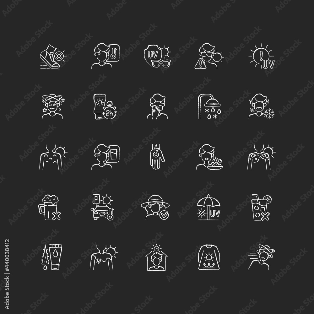 Sunburn and sunstroke prevention chalk white icons set on dark background. Heatstroke symptoms. Sunblock for UV rays. Hot weather during summer. Isolated vector chalkboard illustrations on black Sunburn and sunstroke prevention chalk white icons set on dark background. Heatstroke symptoms. Sunblock for UV rays. Hot weather during summer. Isolated vector chalkboard illustrations on black