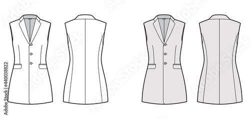 Sleeveless jacket lapelled vest waistcoat technical fashion illustration with notched collar, button-up, fitted body. Flat template front, back, white, grey color style. Women, men unisex CAD mockup