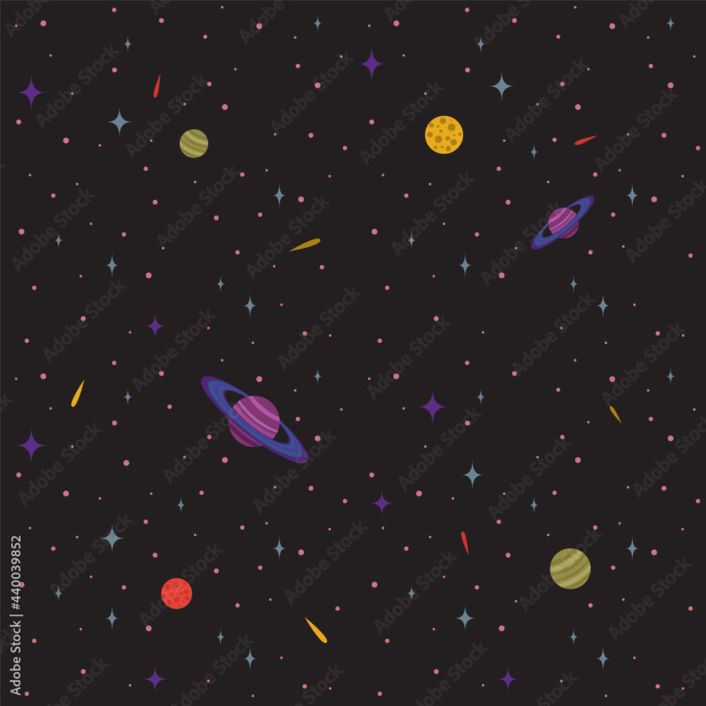 Vector seamless colorful space pattern with planets, stars and comets on black background