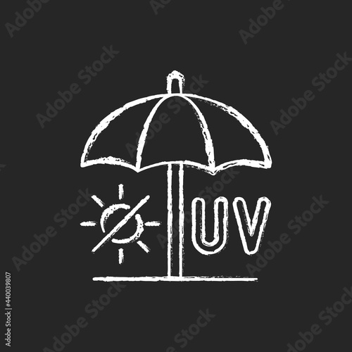 Seek shade chalk white icon on dark background. Hide under umbrella on beach during summer. UV rays protection to avoid heatstroke. No sun exposure. Isolated vector chalkboard illustration on black