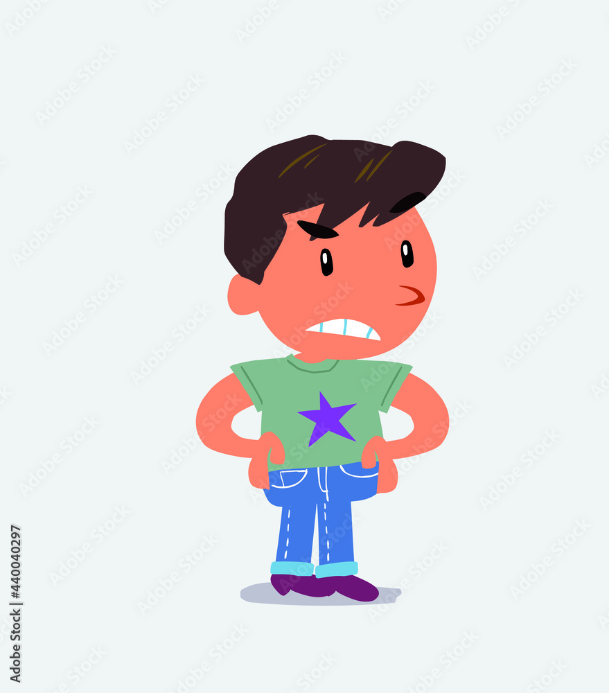 Angry cartoon character of little boy on jeans.