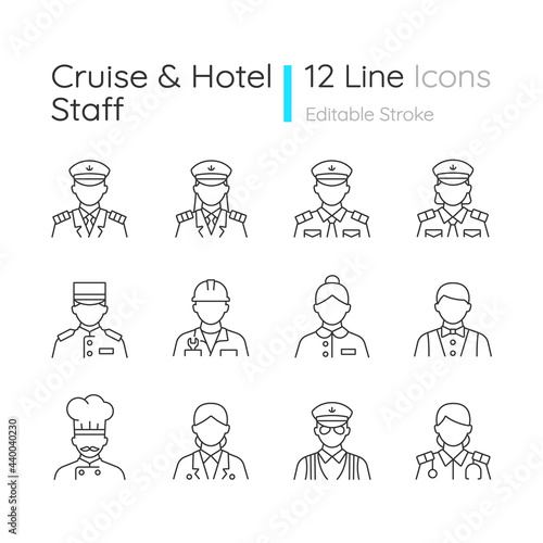 Cruise and hotel staff linear icons set. Comfortable vacation. Proffesional crew controlling. Customizable thin line contour symbols. Isolated vector outline illustrations. Editable stroke