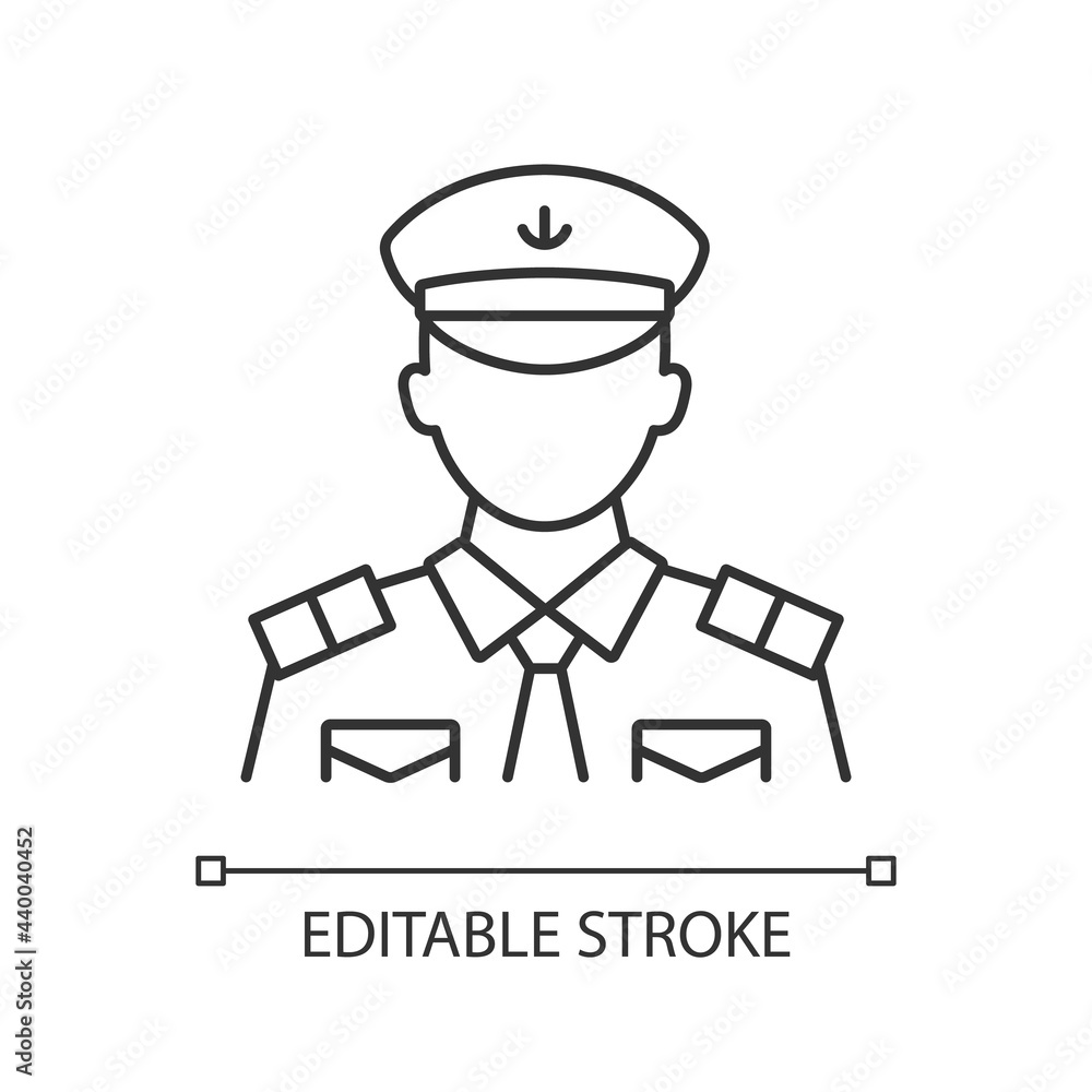 Male chief officer linear icon. Controlling crew. Cruise travel for visitors. Thin line customizable illustration. Contour symbol. Vector isolated outline drawing. Editable stroke Male chief officer linear icon. Controlling crew. Cruise travel for visitors. Thin line customizable illustration. Contour symbol. Vector isolated outline drawing. Editable stroke
