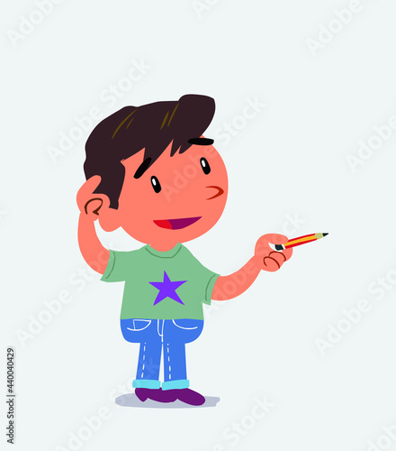 cartoon character of little boy on jeans doubts while pointing with a pencil