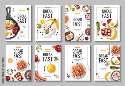 Set of promo flyers for breakfast menu, healthy eating, nutrition, cooking, fresh food, dessert, diet, pastry, cuisine. A4 vector illustration for banner, flyer, cover, advertising, menu, poster.