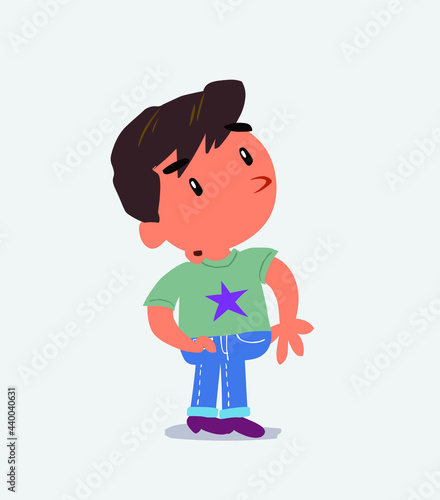  cartoon character of little boy on jeans looks with doubt and somewhat surprised