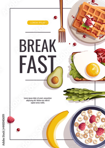 Toast with scrambled eggs, waffles, corn rings, asparagus, avocado. Healthy eating, nutrition, cooking, breakfast menu, fresh food concept. A4 vector illustration for banner, flyer, poster, promo.