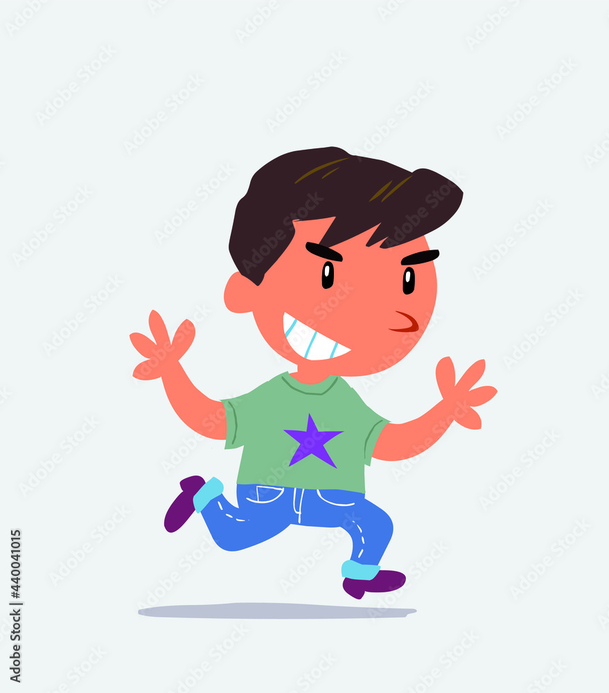 cartoon character of little boy on jeans running very pleased. cartoon character of little boy on jeans running very pleased.