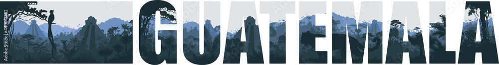 Φωτογραφία Vector panorama of Guatemala with Tikal pyramid, jaguar and  quetzal in Jungle R