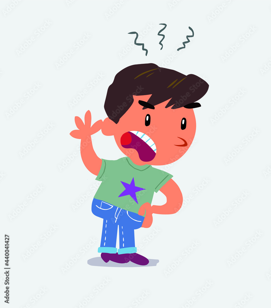 Indigned cartoon character of little boy on jeans vehemently shakes his hand Indigned cartoon character of little boy on jeans vehemently shakes his hand
