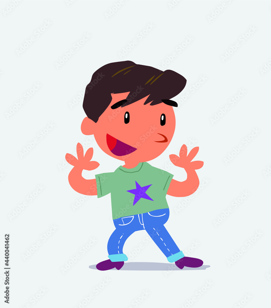 Pleasantly surprised cartoon character of little boy on jeans