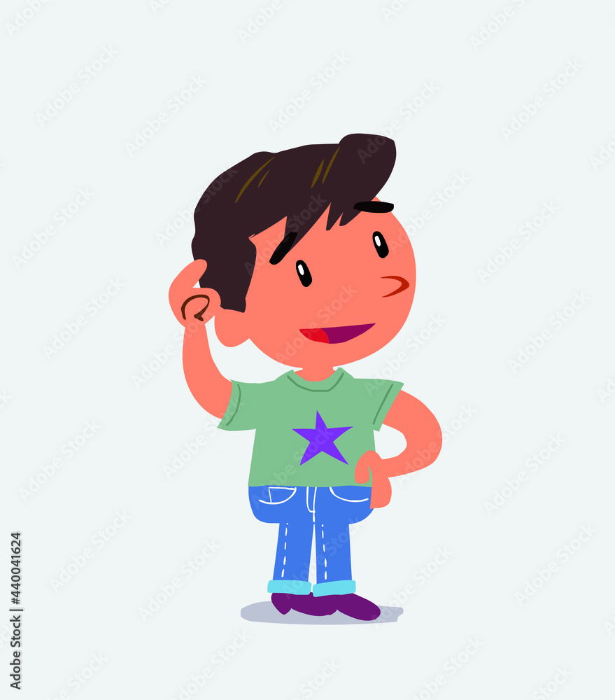 Thoughtful cartoon character of little boy on jeans scratching his head.