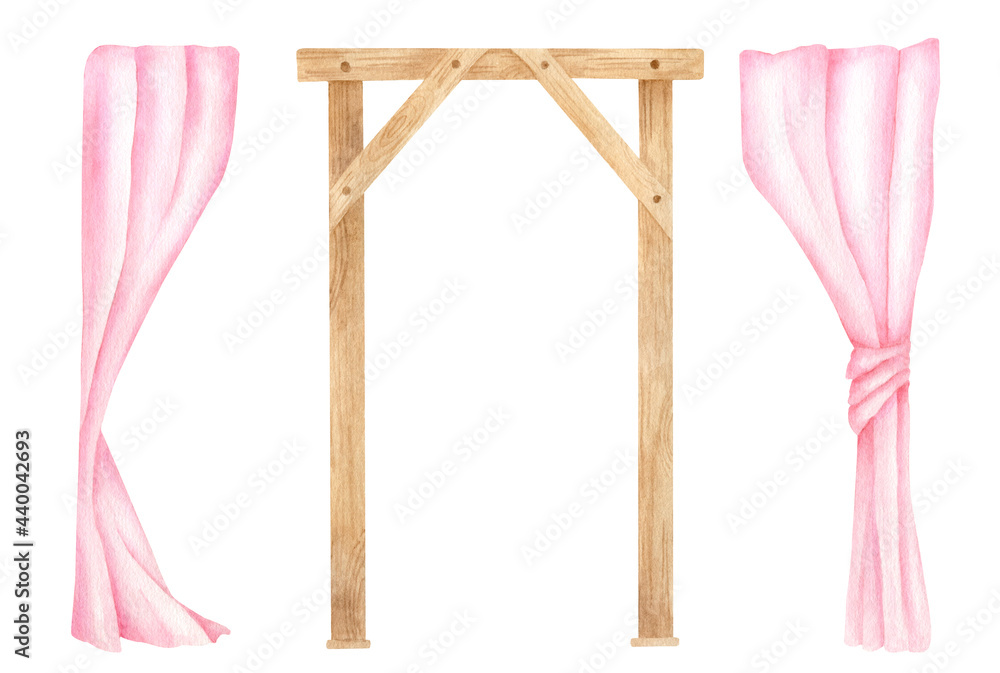 Watercolor wooden square arch with pink curtains. Hand drawn wedding