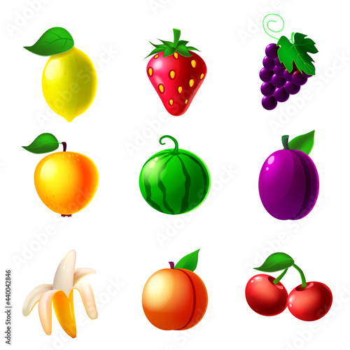 Fruit machine slot icons set  lemon  strawberry  grapes  apple  watermelon  plum  banana  peach  cherry. Classic collection symbol for games gambling  mobile app. Vector illustration cartoon style