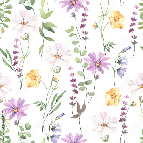 Floral seamless pattern with colorful flowers cosmos, coreopsis, bells, lavender and green leaves on branches. Delicate watercolor illustration on white background for textile or wallpapers.