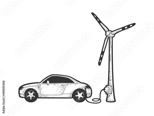 Electric car charged by wind turbine line art sketch engraving vector illustration. T-shirt apparel print design. Scratch board imitation. Black and white hand drawn image.