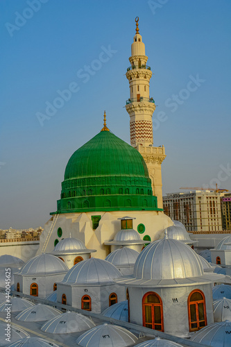 Close range Beautiful shots of Green Dome of Masjidd al Nabawi photo