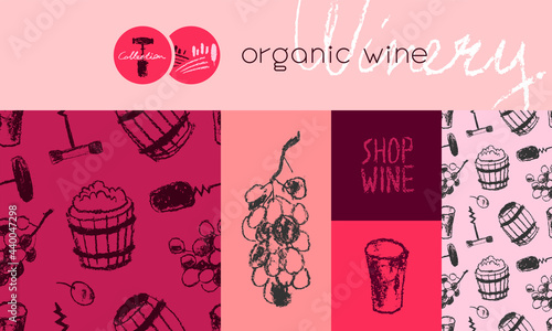 Vector brand identity collection for winery, wine shop logo, viticulture poster design, trendy label biodynamic and organic wines. Winemaking hand-drawn illustrations. Template wine tasting banner.